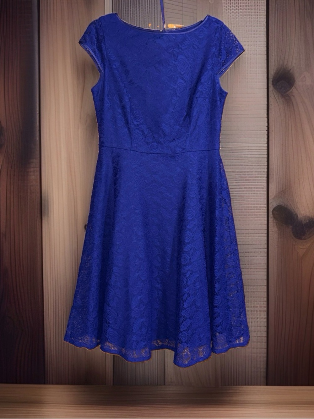 Kasper Royal Blue Lace Belted Fit-and-Flare Dress-10-EC